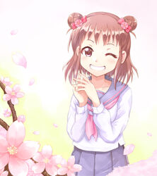  ;d blush bow branch brown_hair cherry_blossoms commentary_request double_bun female flat_chest flower gradient_background greave_(asterism) grin hair_bun hairbow idolmaster idolmaster_cinderella_girls long_sleeves looking_at_viewer munakata_atsumi neckerchief one_eye_closed open_mouth own_hands_together pink_bow pink_flower pink_neckerchief pleated_skirt purple_eyes purple_sailor_collar purple_skirt sailor_collar school_uniform serafuku shirt short_hair skirt smile solo spring_(season) standing standing_on_one_leg straddling tareme teeth white_shirt yellow_background 