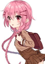  :o backpack bad_id bad_pixiv_id bag blush braid brown_shirt brown_skirt brown_vest comic_girls commentary female hair_between_eyes hair_ornament hairclip hand_up holding holding_strap leaning_forward long_hair long_sleeves looking_at_viewer looking_to_the_side low_twintails moeta_kaoruko oerba_yun_fang parted_lips pink_hair pleated_skirt red_eyes school_uniform serafuku shirt simple_background skirt solo sutei_(xfzdarkt) twin_braids twintails very_long_hair vest white_background 