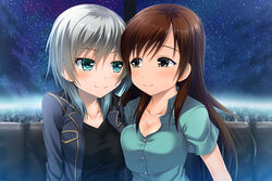  2girls anastasia_(idolmaster) arm_around_back asymmetrical_docking bad_id bad_pixiv_id black_shirt bloom blue_eyes blue_jacket blush breast_press breasts brown_eyes brown_hair casual cheek-to-cheek cleavage closed_mouth collarbone collared_shirt dress_shirt grey_hair hair_between_eyes heads_together idolmaster idolmaster_cinderella_girls jacket large_breasts long_hair looking_at_another love_laika_(idolmaster) medium_breasts medium_hair multiple_girls night night_sky nitta_minami noshimasa partially_unbuttoned photoshop_(medium) shirt short_hair short_sleeves sitting sky smile star_(sky) starry_sky tareme taut_clothes taut_shirt upper_body v-neck yuri 