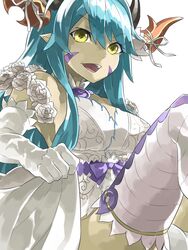  :d aqua_hair armpits bare_shoulders bow breasts collarbone commentary_request detached_collar dress elbow_gloves eyelashes eyes_visible_through_hair facial_mark female flower gloves hair_between_eyes hair_over_breasts highres horn_ornament horn_ribbon horns large_breasts long_hair looking_at_viewer magatama mosamune open_mouth pointy_ears purple_bow puzzle_&amp;_dragons raised_eyebrows ribbon rose satsuki_(p&amp;d) simple_background smile solo strapless strapless_dress teeth thighhighs white_background white_dress white_flower white_gloves white_ribbon white_rose yellow_eyes 