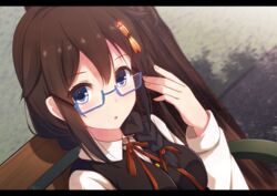  ahoge alternate_costume bespectacled blue_eyes braid brown_hair commentary_request cuon_(kuon) female glasses hair_flaps hair_ornament hair_over_shoulder kantai_collection letterboxed long_hair school_uniform shigure_(kancolle) shigure_kai_ni_(kancolle) single_braid solo 