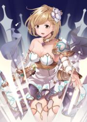  bare_shoulders blonde_hair blush breasts brown_eyes byte_(allbyte) cleavage collarbone commentary_request detached_sleeves djeeta_(granblue_fantasy) female glorybringer_(granblue_fantasy) granblue_fantasy hair_ornament highres looking_at_viewer medium_breasts nontraditional_miko short_hair solo 