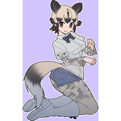  african_wild_dog_(kemono_friends) animal_ears black_eyes boots bow bowtie commentary_request denim denim_shorts dog_ears dog_tail female fingernails grey_background kemono_friends long_sleeves pantyhose short_hair short_shorts shorts simple_background solo sueyuu tail 