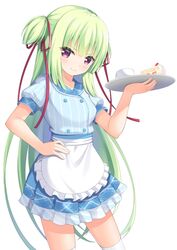  7fuji_06 bands blue_shirt blue_skirt blush cake cake_slice female food green_hair hair_ribbon hand_on_own_hip highres holding holding_tray long_hair looking_at_viewer murasame_(senren) purple_eyes red_ribbon ribbon senren_banka shirt short_sleeves simple_background skirt smile solo thighhighs tray very_long_hair waitress white_background white_thighhighs 