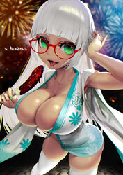  blunt_bangs breasts commission dark-skinned_female dark_skin female glasses green_eyes green_nails highres hime_cut hiragana_oufu huge_breasts jewelry long_hair naked_shirt navel no_panties original round_eyewear shirt skeb_commission skindentation solo thighhighs thighs very_long_hair white_hair yuka_(mikenekonomikan) 