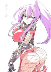  ass breasts closed_mouth dragon_yukano female fishnets gloves japanese_clothes large_breasts long_hair looking_at_viewer ninja ninja_slayer purple_eyes purple_hair scarf simple_background solo tukiwani white_background 