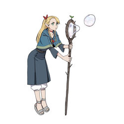  ambrosia_(dungeon_meshi) blonde_hair blowing_bubbles braid bubble capelet cocopeace commentary commentary_request dress dungeon_meshi elf female full_body green_eyes grey_dress grey_footwear highres marcille_donato pointy_ears ponytail sandals sidelocks solo staff twin_braids white_background 