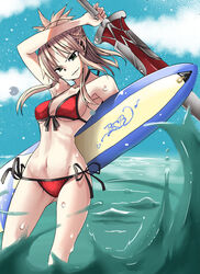  absurdres ass_visible_through_thighs bikini blonde_hair blue_sky braid breasts clarent_(fate) cloud day fate/grand_order fate_(series) female green_eyes groin hair_ornament hair_scrunchie half_up_braid highres horizon looking_at_viewer medium_breasts mordred_(fate) mordred_(swimsuit_rider)_(fate) mordred_(swimsuit_rider)_(first_ascension)_(fate) navel ocean ponytail prydwen_(fate) red_bikini red_scrunchie scrunchie side-tie_bikini_bottom sky smile smirk solo strap_gap surfboard sweet_reverie swimsuit wading water 