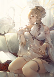  bare_shoulders bird blonde_hair book breasts couch detached_sleeves dress female flower green_eyes highres large_breasts looking_to_the_side original pillow rose see-through sitting solo swan thigh_strap thighs white_dress windforcelan 