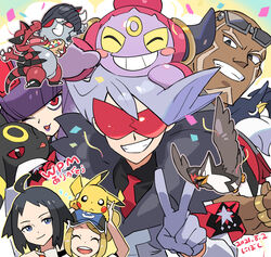  2girls 3boys ahoge armband baseball_cap bettie_(pokemon) black_hair black_shirt blonde_hair blue_eyes blunt_bangs blush_stickers cheren_(pokemon) closed_mouth coat commentary_request dated donphan eyewear_on_head gloves grey_eyes grey_hair grin hat holding honchkrow hoopa hoopa_(confined) jewelry krookodile lear_(pokemon) long_sleeves looking_at_viewer multiple_boys multiple_girls necktie nibo_(att_130) on_head one_eye_closed pikachu pokemon pokemon_(creature) pokemon_bw2 pokemon_masters_ex pokemon_on_head purple_hair rachel_(pokemon) red_eyes red_necktie ring sawyer_(pokemon_masters_ex) shirt short_hair smile spiked_hair staraptor sunglasses teeth umbreon v white_shirt 