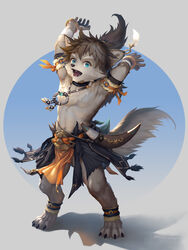  absurd_res anthro armlet belt blue_eyes boomerang bottomwear bracelet brown_hair canid canine canis claws clothed clothing digital_media_(artwork) ear_piercing ear_ring exposed_chest fabric feet fur grey_background hair hi_res jewelry kazashino leglet legwear loincloth looking_at_viewer male male_anthro mammal navel necklace open_mouth orange_undergarments piercing ponytail raising_arm ring_piercing short short_anthro simple_background solo tail tan_body tan_fur teeth toe_claws tooth_necklace topless topless_anthro topless_male tribal tribal_clothing wolf 