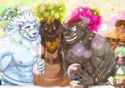  5_fingers abs anthro apron barguest_(tas) bear biceps body_hair bovid bovine brown_body brown_fur cattle chest_hair clothed clothing echo_(tas) eyewear felid fingers flower fur green_hair group gyumao_(tas) hair heracles_(tas) human humanoid_hands jewelry lifewonders lion male mammal monocle muscular muscular_male nipples nymph orange_hair pantherine pecs pendant pink_nose plant red_hair scar snow_(tas) tokyo_afterschool_summoners topless white_body white_fur white_hair zin_teki 