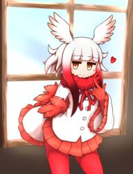  aticotta bad_id bad_pixiv_id blunt_bangs blush brown_eyes closed_mouth commentary female gloves head_wings highres index_finger_raised japanese_crested_ibis_(kemono_friends) kemono_friends long_sleeves looking_at_viewer medium_hair pantyhose pleated_skirt pointing pointing_at_self red_gloves red_hair red_pantyhose red_skirt sidelocks skirt smile solo white_hair wings 