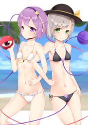  2girls absurdres bare_shoulders beach bikini black_bikini black_headwear blue_sky border bow breasts brown_eyes closed_mouth cloud cloudy_sky day green_eyes grey_hair hairband hand_on_own_hip hand_up hat hat_bow heart heart-shaped_pupils highres holding komeiji_koishi komeiji_satori leaf mantou_xiang multiple_girls navel open_mouth purple_eyes purple_hair purple_hairband sand short_hair sky small_breasts smile standing stomach swimsuit symbol-shaped_pupils third_eye touhou white_bikini white_border yellow_bow 