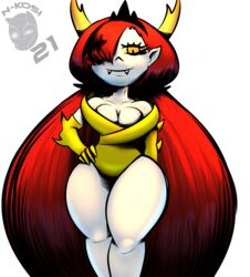  2021 5_fingers absurd_res armwear big_breasts breasts cleavage clothed clothing crown demon disney elbow_gloves fangs female fingers gloves hair hair_over_eye handwear headgear hekapoo hi_res horn horned_humanoid humanoid long_hair looking_at_viewer n-kosi one_eye_obstructed pupils red_hair signature simple_background slit_pupils solo star_vs._the_forces_of_evil teeth thick_thighs tiara white_background white_body white_skin wide_hips yellow_eyes 