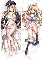  ahoge bare_legs barefoot bed_sheet black_choker black_headwear black_jacket black_socks blonde_hair blue_neckerchief bra breasts choker cleavage clothes_pull collarbone dakimakura_(medium) dies_irae dress dress_shirt female from_above full_body hat jacket large_breasts long_hair long_sleeves looking_at_viewer lying marie_(dies_irae) military_hat military_jacket miniskirt moeanime multiple_views neckerchief on_back open_clothes open_jacket open_shirt panties pink_bra pink_panties pleated_skirt shinza_bansho_series shirt side_slit skirt skirt_pull sleeves_past_wrists socks split_screen straight_hair underwear unworn_armband very_long_hair white_dress white_shirt white_skirt 