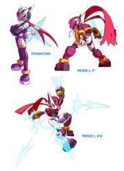  aile_(mega_man_zx) android armor black_body black_clothing boots capcom clothing english_text female footwear green_eyes headgear helmet hi_res hidden_phantom humanoid machine male mega_man_(series) mega_man_zero mega_man_zx model_p multiple_images ninja not_furry official_art purple_clothing red_eyes reploid robot scarf simple_background solo text warrior weapon white_background 