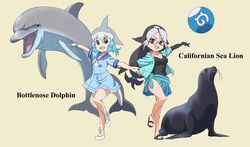  2girls ball beachball black_eyes black_footwear black_hair black_one-piece_swimsuit blowhole blue_choker blue_dress blue_eyes blue_hair blue_jacket blue_sailor_collar blue_sarong blue_scrunchie bracelet california_sea_lion_(kemono_friends) cetacean_tail character_name choker commentary_request common_bottlenose_dolphin_(kemono_friends) creature_and_personification dolphin dorsal_fin drawstring dress english_text fins fish_tail frilled_dress frills glasses gradient_hair grey-framed_eyewear grey_hair hair_ornament hair_scrunchie highres hood hood_down hoodie jacket japari_symbol jewelry kemono_friends kemono_friends_2 long_hair looking_at_viewer low-tied_long_hair multicolored_hair multiple_girls name_connection navel neckerchief no_socks one-piece_swimsuit open_clothes open_jacket open_mouth outstretched_arms sailor_collar sailor_dress sandals sarong scrunchie sea_lion semi-rimless_eyewear short_dress short_hair short_sleeves simple_background smile spread_arms standing standing_on_one_leg swimsuit symmetrical_pose tail under-rim_eyewear white_footwear white_neckerchief yamaguchi_yoshimi yellow_background 