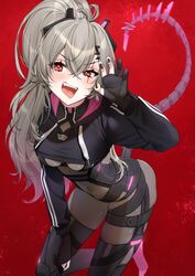  ahoge black_bodysuit black_nails blush bodysuit breasts claws commentary covered_navel drawstring fangs female from_above gloves grey_hair hair_ornament hairclip headgear highres indie_virtual_youtuber long_hair long_sleeves looking_at_viewer medium_breasts open_mouth partially_fingerless_gloves ponytail pose red_background red_eyes saruei_(vtuber) saruei_(vtuber)_(1st_costume) scar simple_background solo tail teeth tongue tongue_out uhhgaoh upper_teeth_only virtual_youtuber white_background 