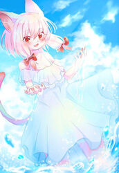  2020 5_fingers :d accessory anthro bangs bare_shoulders biped blue_sky blush bow_(feature) bow_accessory bow_ribbon clothing cloud cute_fangs day digital_media_(artwork) dipstick_ears dipstick_tail domestic_cat dress ear_markings eye_through_hair eyebrow_through_hair eyebrows felid feline felis female female_anthro fingers fur gradient_hair hair hair_accessory hair_ribbon hairbow inner_ear_fluff kemono kuro_kemo28 long_hair mammal markings multicolored_body multicolored_ears multicolored_fur multicolored_hair open_mouth outside partially_submerged pawpads pink_body pink_ears pink_fur pink_hair pink_inner_ear pink_inner_ear_fluff pink_nose pink_pawpads pink_tongue portrait raised_tail red_body red_bow red_eyes red_fur red_tail ribbons sky smile solo tail tail_markings three-quarter_portrait tongue translucent translucent_hair tuft twin_bows twin_hair_bows two_tone_ears two_tone_hair two_tone_tail water whiskers white_body white_clothing white_dress white_ears white_fur white_hair white_tail white_whiskers 