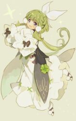  blush bow cannae_le_fey commentary_request dress fairy fairy_wings female full_body green_hair green_theme hair_ornament hairbow korean_commentary kuzuvine long_hair looking_at_viewer lord_of_heroes purple_eyes solo wings 