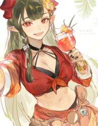  alcohol blush breasts commentary_request crop_top cup dragon_girl dragon_horns female green_hair horns korean_commentary kuzuvine lairei_yen lairei_yen_(fire) large_breasts long_hair lord_of_heroes margarita midriff navel pointy_ears red_eyes red_horns 