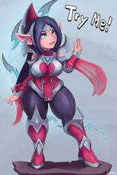  2022 absurd_res alternate_species blue_eyes blue_hair breasts clothed clothing cranihum dialogue english_text female hair hi_res humanoid humanoid_pointy_ears irelia_(lol) league_of_legends not_furry open_mouth open_smile riot_games simple_background smile solo tencent text yordle 