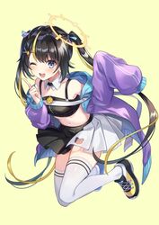  black_hair blue_eyes breasts collarbone female full_body hair_ornament hairclip hiyori_lara iku2727 indie_virtual_youtuber jacket one_eye_closed open_mouth shoes simple_background small_breasts solo thighhighs virtual_youtuber white_thighhighs yellow_background 