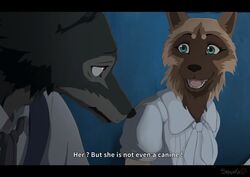  2020 absurd_res anthro beastars black_bars brown_body brown_fur canid canine canis digital_media_(artwork) duo english_text female fur hi_res male mammal open_mouth shalinka teeth text tongue wolf 