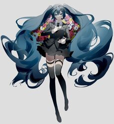  aqua_eyes aqua_hair black_clothes black_footwear black_legwear black_necktie blank_stare closed_mouth empty_eyes expressionless female floating_hair flower garters half-closed_eyes hand_on_own_chest hatsune_miku highres liita_(dusk_snow) long_hair looking_down miniskirt necktie outstretched_arm pale_skin pigeon-toed pleated_skirt saihate_(vocaloid) serious shoes skirt solo thighhighs twintails very_long_hair vocaloid zettai_ryouiki 