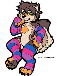  2019 anthro arm_warmers armwear aycee biped bisexual_pride_colors brown_body brown_fur canid canine canis claws clothed clothing digital_media_(artwork) female fur hair handpaw hindpaw legwear lgbt_pride mammal pattern_armwear pattern_clothing pattern_legwear pawpads paws pride_color_armwear pride_color_clothing pride_color_legwear pride_colors sandra_(roanoak) simple_background sitting smile solo striped_armwear striped_clothing striped_legwear stripes tail text thigh_highs url wolf yellow_eyes 