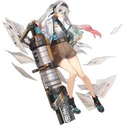  aqua_eyes breasts brown_shorts cleavage_cutout clothing_cutout female full_body game_cg girls&#039;_frontline girls&#039;_frontline_neural_cloud glasses hair_between_eyes hairband highres huge_weapon id_card lam_(neural_cloud) legs looking_at_viewer lwmmg_(girls&#039;_frontline) multicolored_hair necktie official_art paper pink_hair rff_(3_percent) shirt shoes shorts small_breasts sneakers solo transparent_background twintails weapon white_hair white_shirt 