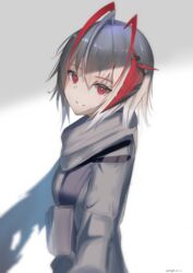  absurdres ahoge alternate_costume antennae arknights demon_horns eugle_na female from_side grey_background grey_hair grey_scarf grey_shirt head_tilt highres horns looking_at_viewer parted_lips red_eyes scarf shirt simple_background slit_pupils solo twitter_username upper_body w_(arknights) 