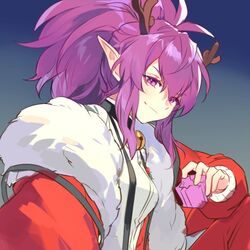  antlers astrid_remond astrid_remond_(earth) bell christmas commentary_request elf female gift horns korean_commentary kuzuvine lord_of_heroes neck_bell pale_skin pointy_ears ponytail purple_eyes purple_hair reindeer_antlers santa_costume smile smirk 