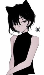  animal_ears bad_id bad_twitter_id bare_arms bare_shoulders black_eyes black_hair black_shirt bug cat_ears closed_mouth female hair_between_eyes highres looking_at_viewer migihidari_(puwako) mole mole_under_eye original shirt short_hair simple_background sleeveless sleeveless_shirt solo spider upper_body white_background 