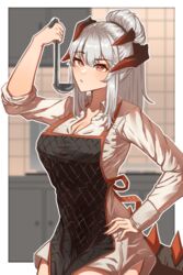  absurdres alternate_hairstyle apron arknights arm_up black_apron border breasts cleavage commentary cowboy_shot dress english_commentary female hand_on_own_hip highres holding holding_ladle horns indoors ladle large_breasts long_hair long_sleeves najashi orange_eyes outline outside_border ponytail saria_(arknights) short_dress sidelocks solo standing tail white_border white_dress white_hair white_outline 