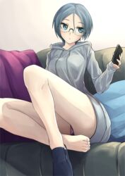  bad_id bad_pixiv_id barefoot blue_eyes casual closed_mouth commentary_request controller couch drawstring dress female girls_und_panzer glasses grey_dress grey_hair highres holding hood hood_down hooded_dress hoodie indoors kakimoto_nao legs legs_up light_frown loafers long_sleeves looking_at_viewer no_pants no_socks on_couch panties pantyshot pillow purple_panties remote_control round_eyewear rumi_(girls_und_panzer) shoes short_dress short_hair single_shoe sitting solo sweater sweater_dress swept_bangs underwear 