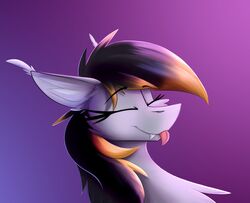  bat_pony closed_eyes equid eyebrows eyelashes fan_character fangs female feral fur grey_body grey_fur happy hasbro hi_res highlights_(coloring) inner_ear_fluff mammal my_little_pony observerdoz purple_background simple_background solo teeth tongue tongue_out tuft 