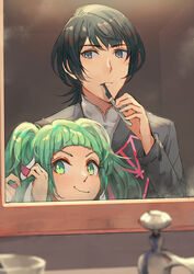  1boy adjusting_hair alternate_costume anocurry black_jacket blue_eyes blue_hair braid brushing_teeth byleth_(fire_emblem) byleth_(male)_(fire_emblem) casual closed_mouth commentary english_commentary female fire_emblem fire_emblem:_three_houses green_eyes green_hair hair_between_eyes holding holding_toothbrush indoors jacket long_hair long_sleeves looking_at_viewer mirror open_clothes open_jacket reflection ribbon_braid short_hair smile sothis_(fire_emblem) toothbrush twin_braids twitter_username 