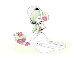  1other :d blush bonnet bounsweet closed_eyes commentary flower gardevoir gardevoir_(fashionable) open_mouth own_hands_together petals pink_flower pokemon pokemon_(creature) pokemon_unite smile sok_(mr14_c) tongue white_headwear yellow_eyes 