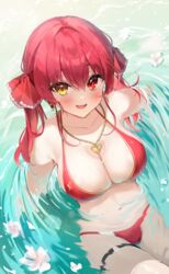  bikini breasts earrings female flower hair_between_eyes hair_ribbon heart heart_earrings heart_necklace heterochromia highres hololive houshou_marine houshou_marine_(summer) iop5509 jewelry large_breasts long_hair looking_at_viewer necklace o-ring o-ring_thigh_strap official_alternate_costume open_mouth partially_submerged red_bikini red_eyes red_hair red_ribbon ribbon sharp_teeth smile solo swimsuit teeth thigh_strap twintails upper_teeth_only virtual_youtuber water wet yellow_eyes 