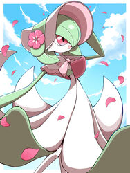  :d absurdres bonnet border capelet cloud commentary day female flower gardevoir gardevoir_(fashionable) hand_up highres open_mouth outdoors outside_border petals pink_flower pokemon pokemon_(creature) pokemon_unite red_eyes shabana_may sky smile solo tongue white_border white_headwear 