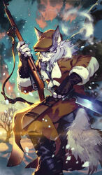  anthro black_nose boots canid canine canis claws clothed clothing cloud coat cold fate_(series) fingerless_gloves flat_cap fluffy fluffy_ears fluffy_tail footwear fully_clothed fur glare_(lighting) gloves green_eyes grey_body grey_fur gun hair handwear hat headgear headwear holding_gun holding_object holding_ranged_weapon holding_weapon hunter knife knife_sheath leaning_on_object leaning_on_rock leather leather_clothing leather_coat leather_topwear long_hair male mammal official_art outside ovopack patxi_(fate) plant ranged_weapon rifle rifle_sling seam_(sewing) sky snout snow snowing solo sunrise sunset tail topwear torn_clothing tree type-moon weapon white_body white_fur winter_coat wolf yaga 