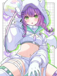  absurdres anku bandeau belt blush braid commentary_request crop_top demon_wings female gloves goggles goggles_on_head green_eyes hand_up highres holding holding_megaphone hololive hood hood_up hooded_shrug long_hair long_sleeves looking_at_viewer megaphone navel open_mouth purple_hair ribbed_bandeau see-through see-through_sleeves short_shorts shorts solo tokoyami_towa tokoyami_towa_(5th_costume) twin_braids twintails virtual_youtuber white_bandeau white_belt white_gloves white_shorts white_shrug wings 