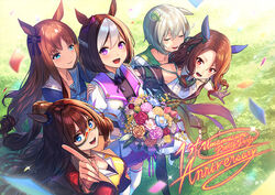  5girls animal_ears anniversary black_gloves blue_eyes blue_flower blush bouquet brown_eyes brown_hair closed_eyes closed_mouth el_condor_pasa_(umamusume) flower gloves golden_generation_(umamusume) grass_wonder_(umamusume) grey_hair hair_between_eyes holding holding_bouquet horse_ears horse_girl horse_tail index_finger_raised king_halo_(umamusume) long_hair long_sleeves multiple_girls open_mouth pink_flower puffy_short_sleeves puffy_sleeves purple_eyes red_flower seiun_sky_(umamusume) short_hair short_sleeves smile special_week_(umamusume) tail umamusume unowen white_flower white_hair yellow_flower 