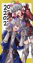  1boy ahoge alisaie_leveilleur alphinaud_leveilleur animal_ears artist_name belt blue_coat blue_eyes boots buttons cat_day cat_ears claw_pose closed_eyes coat collared_shirt commentary dated drawn_ears drawn_whiskers earclip elezen elf fake_animal_ears female final_fantasy final_fantasy_xiv fingerless_gloves gloves grey_footwear grey_gloves grey_hair grey_shirt grey_shorts hair_between_eyes hands_up highres jacket jewelry long_sleeves looking_at_viewer open_mouth pendant pointy_ears red_gloves red_jacket shirt shorts siblings signature thigh_boots thighhighs twins two-tone_background whiskers yum0811 