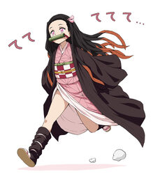  asa_no_ha_(pattern) asanaya bamboo bit_gag black_hair black_jacket black_legwear brown_footwear checkered_sash commentary female forehead full_body gag gradient_hair hair_ribbon hairband haori highres jacket japanese_clothes kamado_nezuko kimetsu_no_yaiba kimono leg_wrap long_sleeves looking_to_the_side mouth_hold multicolored_hair pink_eyes pink_kimono pink_ribbon red_hairband ribbon running sandals shadow solo tabi translated white_background white_legwear wide_sleeves 