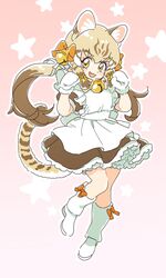  :3 alternate_costume animal_ears animal_print bell blonde_hair blush boots bow brown_dress brown_hair cat_ears cat_girl cat_print cat_tail commentary_request dress female footwear_bow frilled_dress frilled_sleeves frills geoffroy&#039;s_cat_(kemono_friends) hair_bell hair_ornament hairbow highres kemono_friends knee_boots long_hair looking_at_viewer mitsumoto_jouji mittens multicolored_hair neck_bell oerba_yun_fang open_mouth orange_bow paw_pose petticoat puffy_short_sleeves puffy_sleeves short_sleeves solo tail twintails white_dress white_footwear white_mittens yellow_eyes 