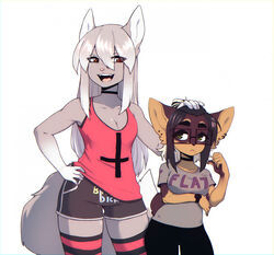  anthro black_claws black_hair black_nose bottomwear breasts brown_body brown_eyes brown_fur canid canine choker claws cleavage clock clothed clothing cross digital_media_(artwork) duo ear_piercing eyelashes fangs female fox fur green_eyes grey_body grey_fur grey_hair hair hand_on_head hand_on_hip hotpants imreer_(character) inverted_cross jewelry larger_female legwear long_hair looking_at_another mammal necklace open_mouth pants piercing pink_nose shaded shirt shorts simple_background size_difference smaller_female standing suelix suelix_(character) tank_top teeth text text_on_bottomwear text_on_clothing text_on_hotpants text_on_shirt text_on_shorts text_on_topwear thigh_highs tongue topwear watch white_background white_claws wristwatch 