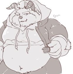  anthro behemoth_(tas) belly cddi_h clothing cookie food hoodie horn lifewonders male midriff monster navel overweight overweight_anthro overweight_male solo tokyo_afterschool_summoners topwear 